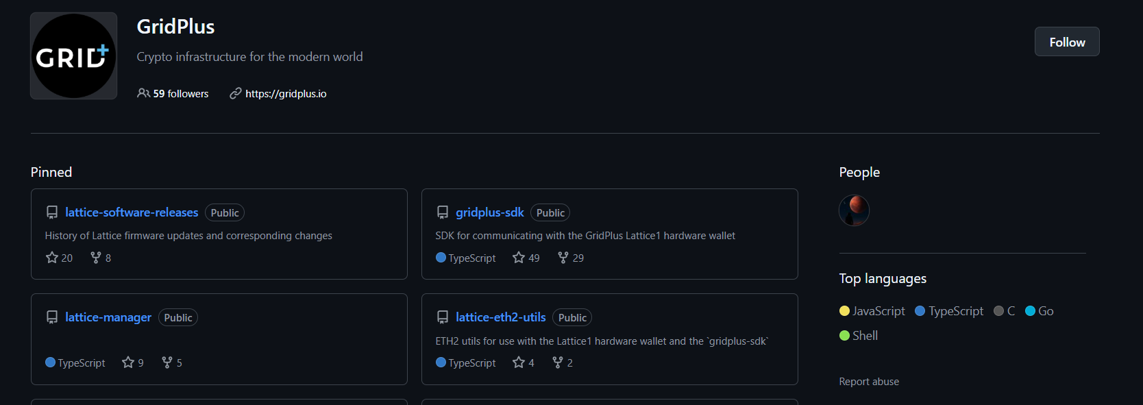 Capture of the GridPlus GitHub organization page with only one member listed under People